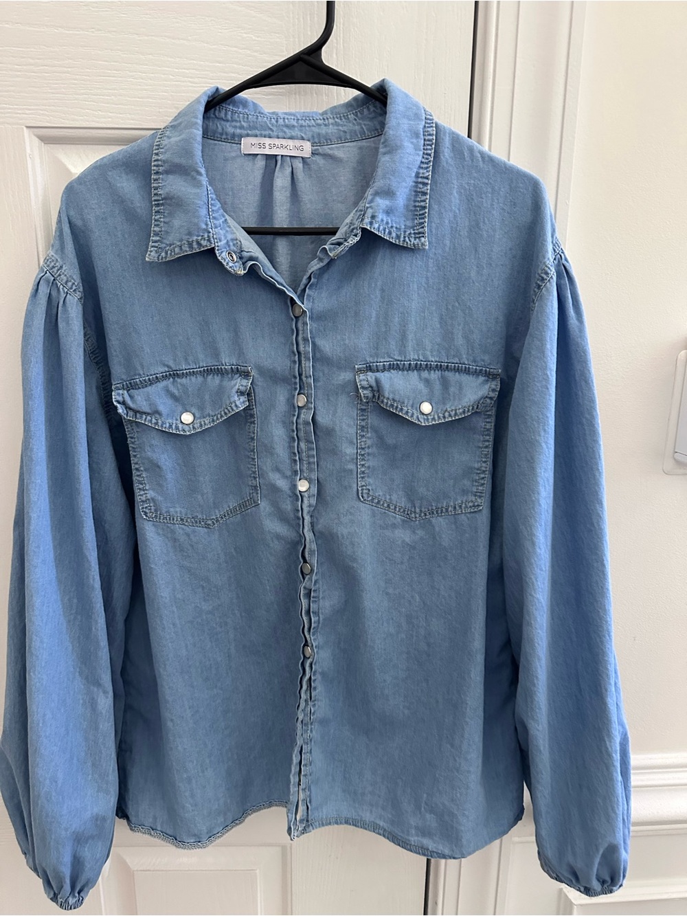 Miss Sparkling Light Blue Denim Top Puff Sleeve Pearl Snap Western Blouse